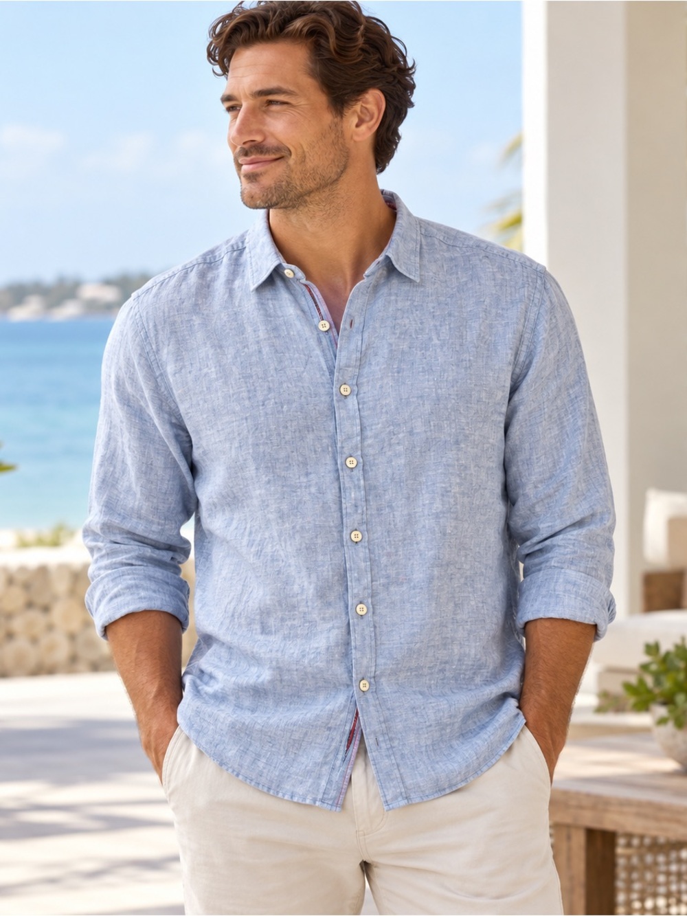 Tommy Bahama Shirt Mens Large Button Up Linen Casual Long Sleeve Blue